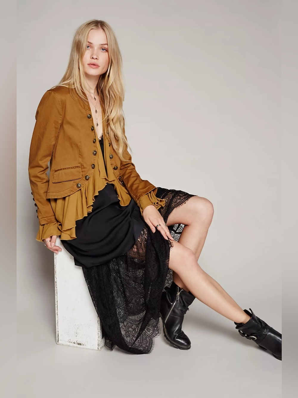 Free People Ruffle Hem Military Jacket XS Mustard Brown Boho Victorian - Picture 4 of 13
